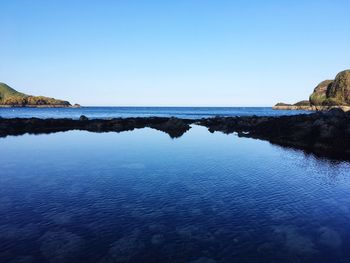 Scenic view of sea against clear blue sky