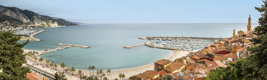 Extra wide aerial view of the beautiful beach of menton