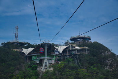 Low angle view of overhead cable car against sky