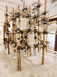 Row of flags against wall in building