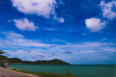 Scenic view of sea against blue sky