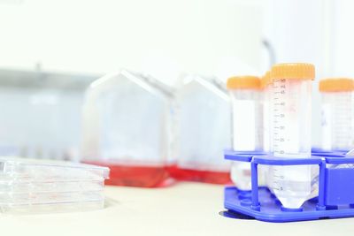 Close-up of test tubes at desk in laboratory