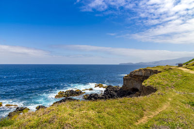 Scenic view of sea and cliff against blue sky