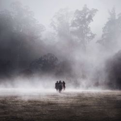 Three men horseback riding in the fog