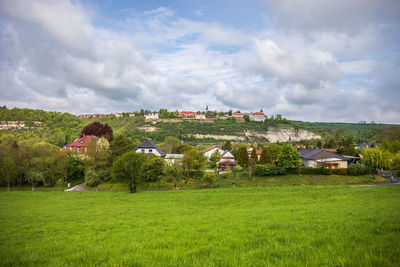 Trees and houses on field against sky