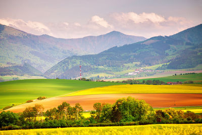 Scenic view of field and mountains against sky