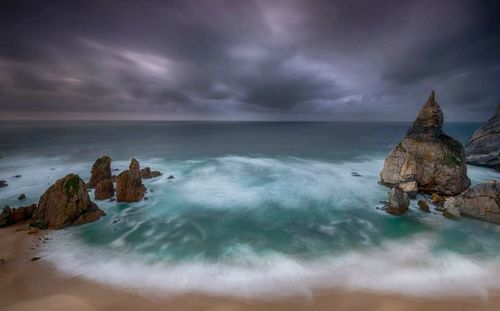 Scenic view of sea against dramatic sky