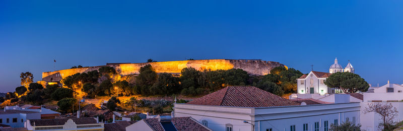 Panoramic shot of buildings against clear blue sky