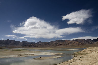 Scenic view of lake and pamir mountains against sky