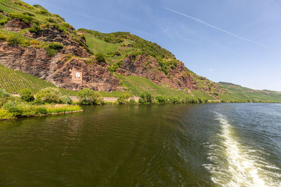 Scenic view of river amidst mountains against sky