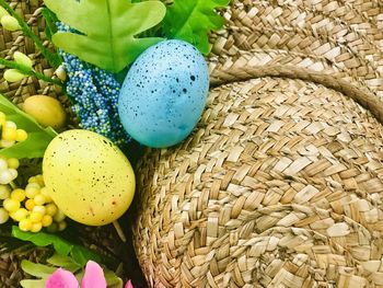 High angle view of eggs in basket