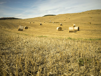 Hay bales on field against sky