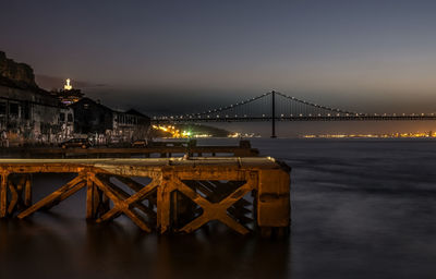 Illuminated suspension bridge over sea at night