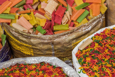 High angle view of multi colored vegetables in market