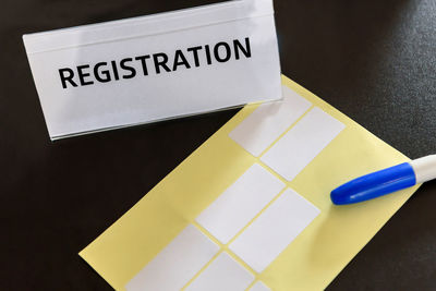 High angle view of text on table