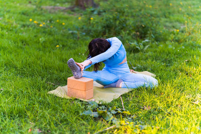 Rear view of woman sitting on field