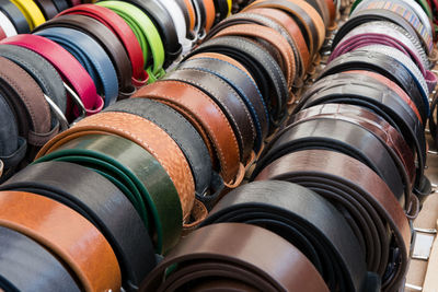 Full frame shot of belts for sale