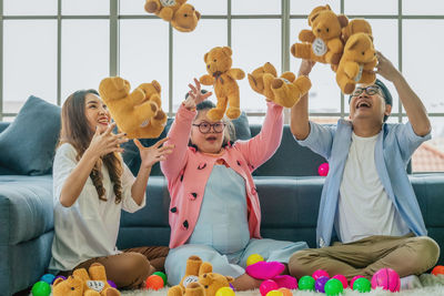 High angle view of people in toy at home