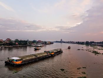 High angle view of river against sky during sunset