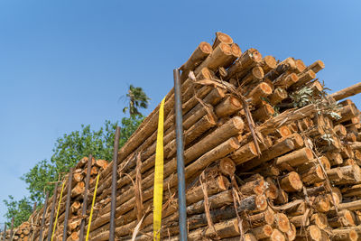 Low angle view of wooden logs against clear blue sky