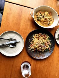 High angle view of breakfast on table