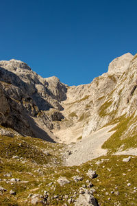 Scenic view of mountains against clear blue sky