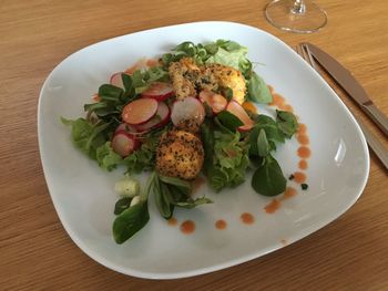 High angle view of meal served on table