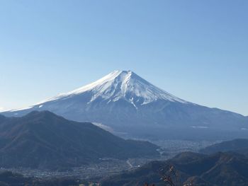 Scenic view of snowcapped mountains against clear sky