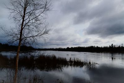 Scenic view of lake against cloudy sky