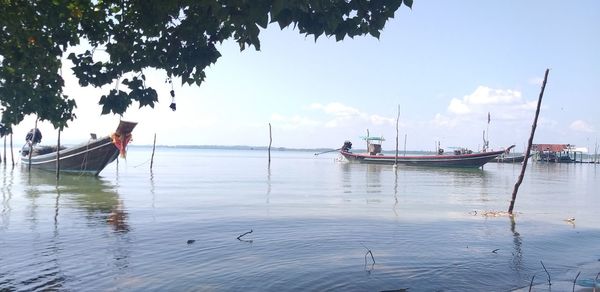 Boats moored in sea against sky