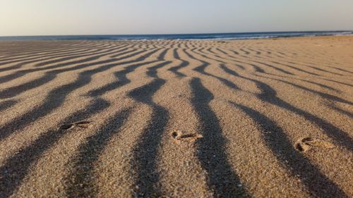 Shadow on sand at beach against clear sky