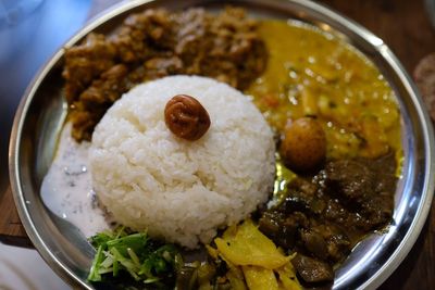 High angle view of food in plate on table