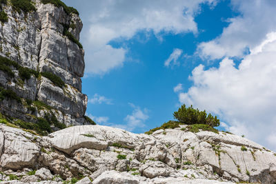 Low angle view of rock formation against sky