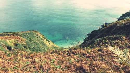 High angle view of sea by landscape