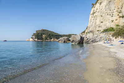 Scenic view of sea against clear blue sky