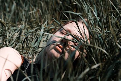 Woman sleeping by grass in sunny day
