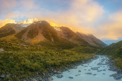 Scenic view of mountains against sky during sunset