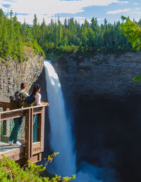 Rear view of man standing by waterfall