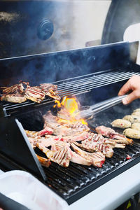 High angle view of food on barbecue grill