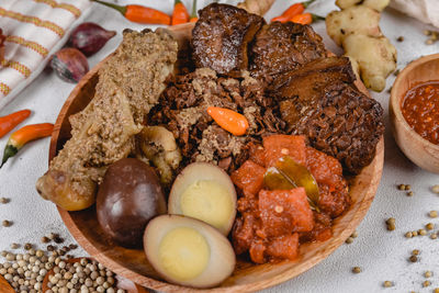 High angle view of food served in plate