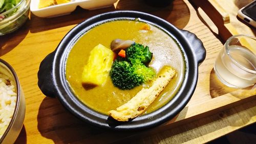 High angle view of meal served on table