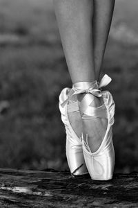 Low section of woman wearing ballet shoe