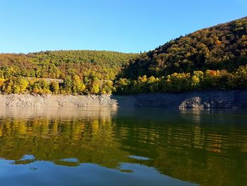 Scenic view of lake against clear blue sky