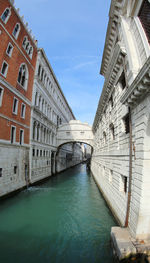 Arch bridge over canal amidst buildings in city