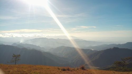 Scenic view of mountains against sky on sunny day