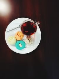 High angle view of dessert served on table