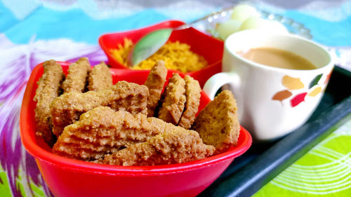 Close-up of meal served on table