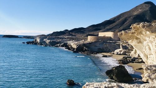 Scenic view of sea against clear blue sky