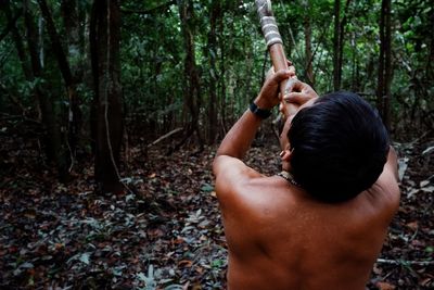 Rear view of shirtless woman in forest