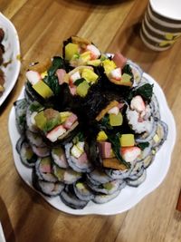 High angle view of food in plate on table